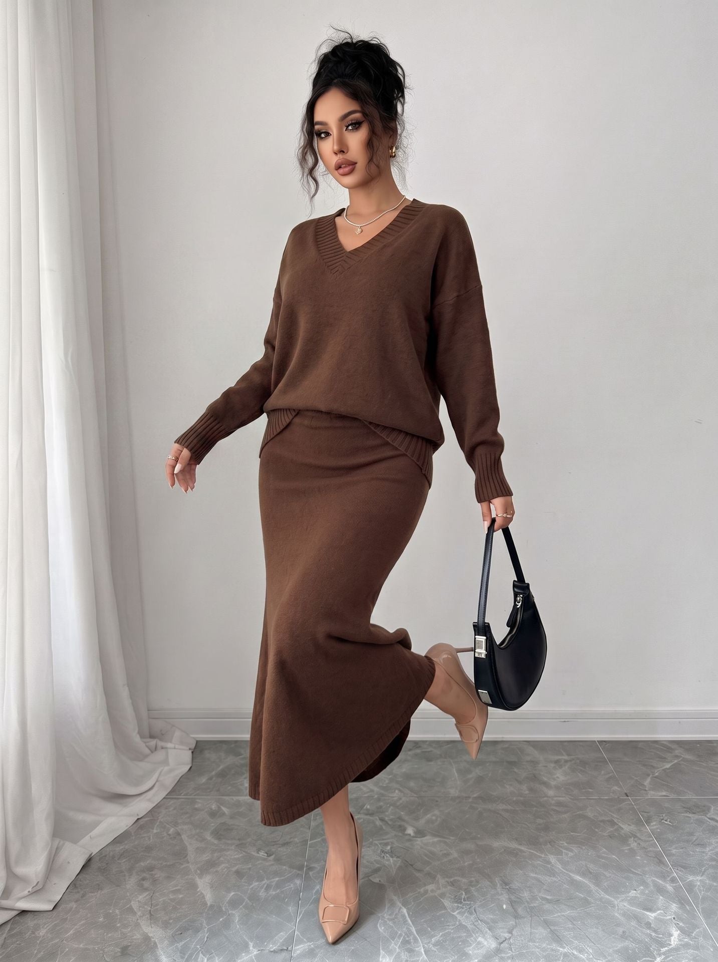 Sweater and Maxi Skirt Set — Two Piece V Neck Knit Outfit with Fishtail Hem in Merino Wool