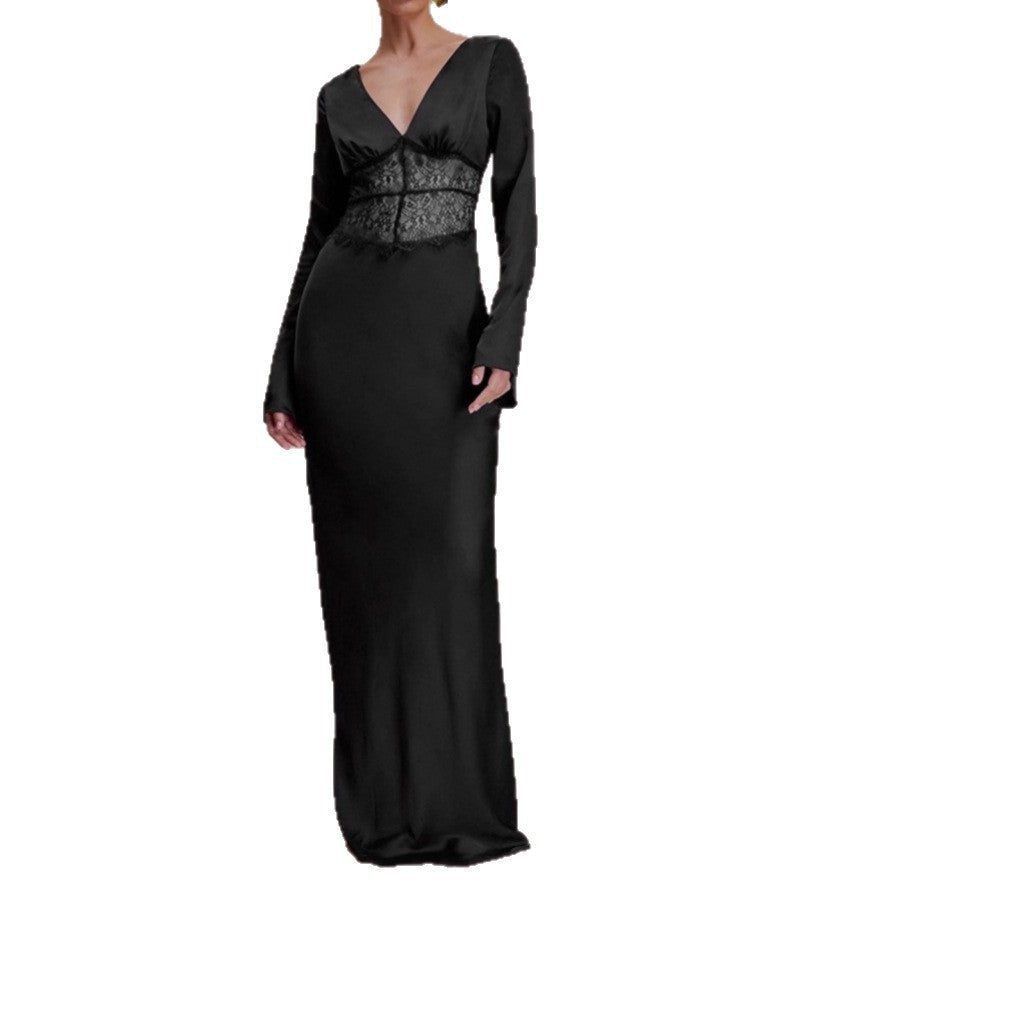 Satin Maxi Dress with Long Sleeves — Deep V Neck Evening Gown with Lace Waist
