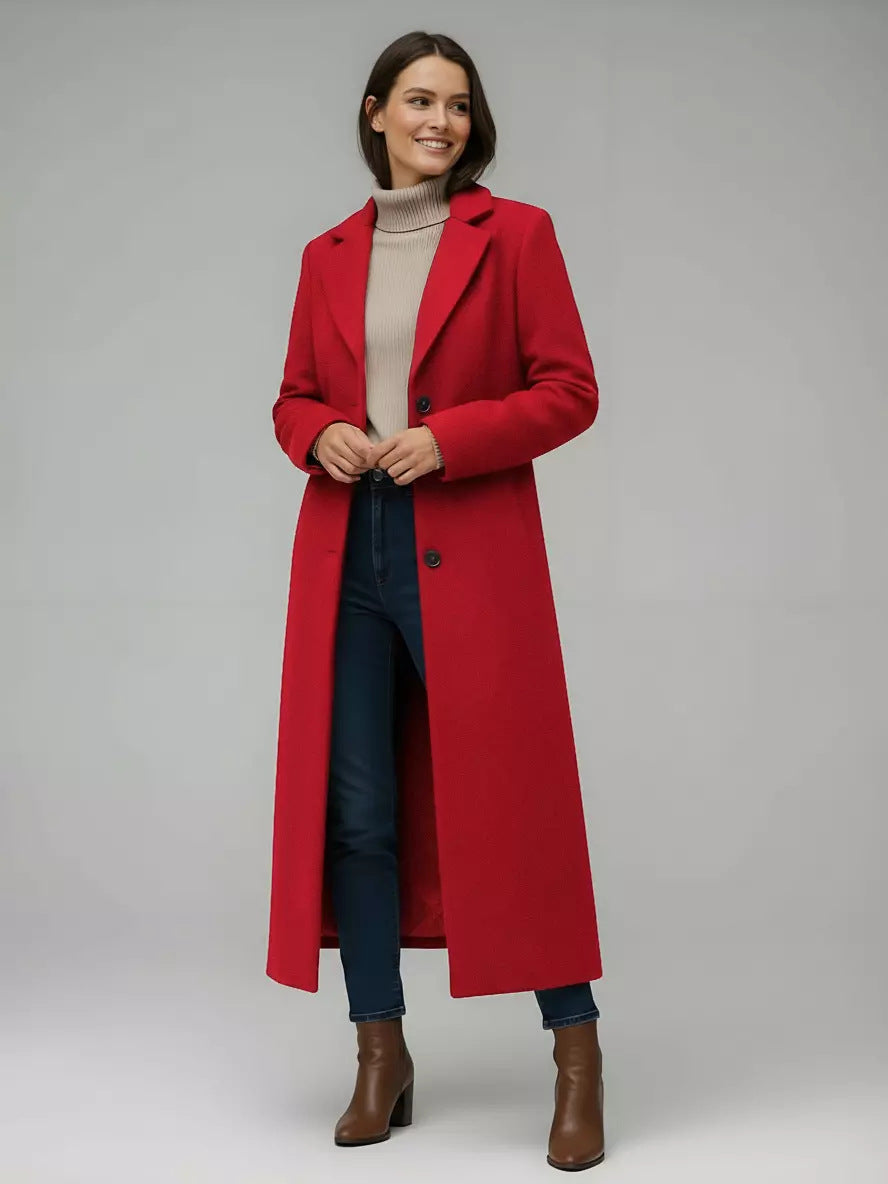 Women’s long wool coat, red with notched lapels and button front