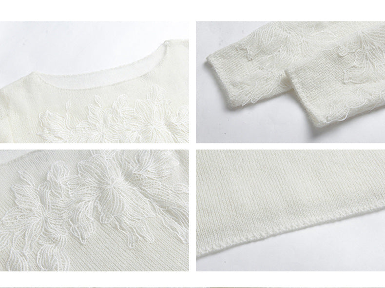 Off-white embroidered knit fabric detail swatches, floral textured pattern