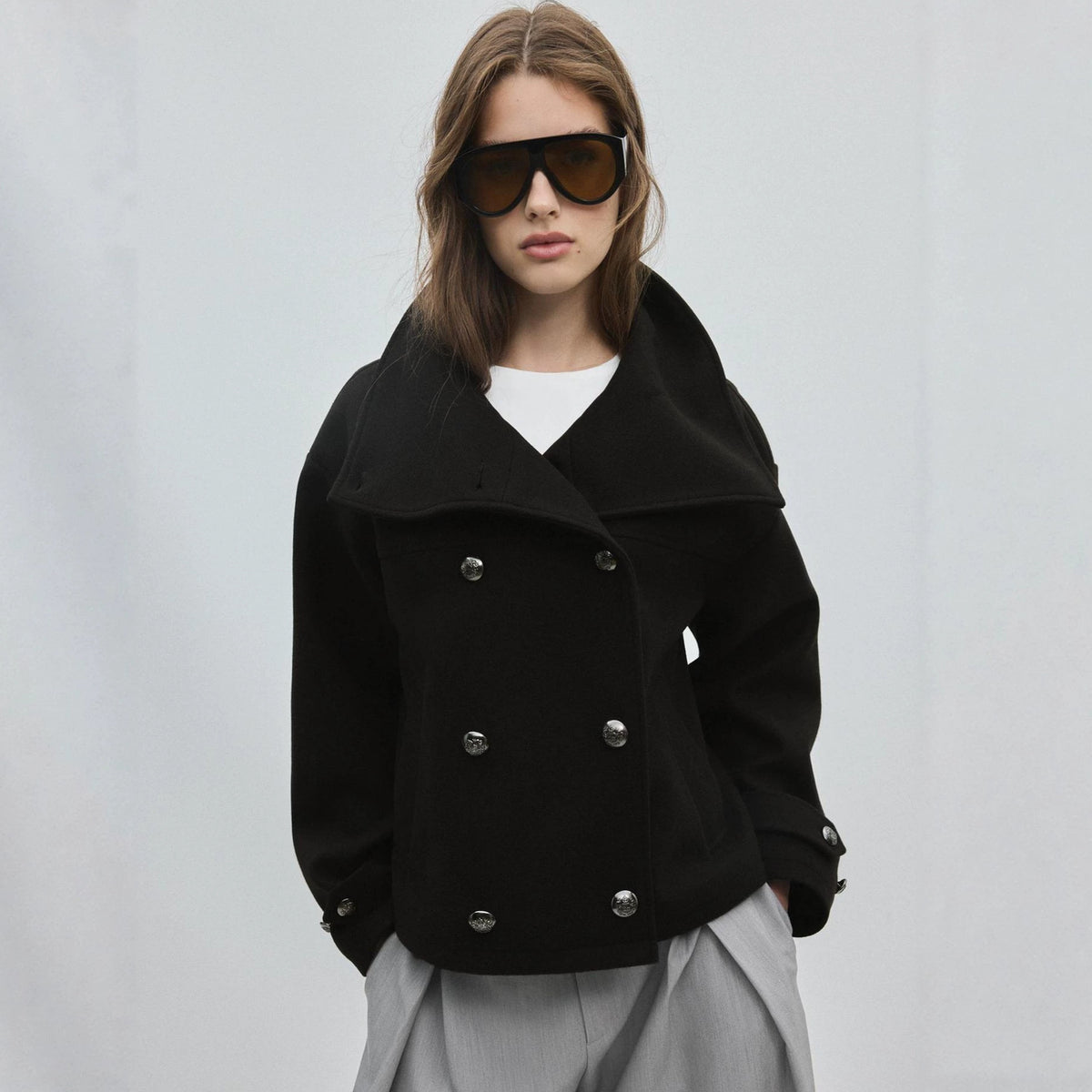 Pea Coat for Women — Short Double Breasted Wool with an Oversized Funnel Collar