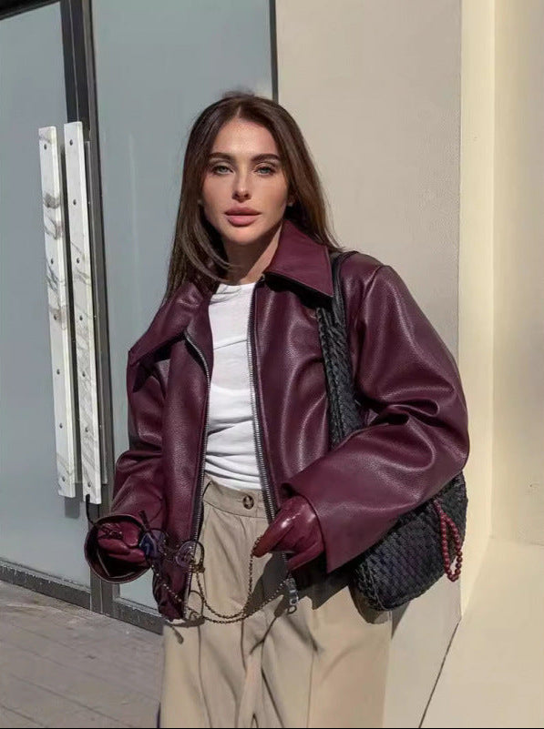 Faux Leather Bomber Jacket for Women — Oversized Cropped Fit with Point Collar