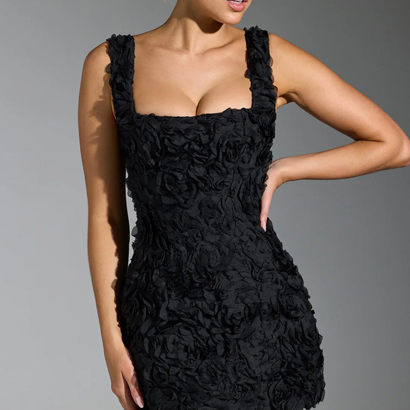 Black floral applique bodycon mini dress with square neck and wide straps