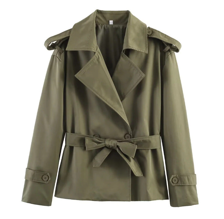 Olive green belted trench coat with notched lapels and tie waist, long sleeves