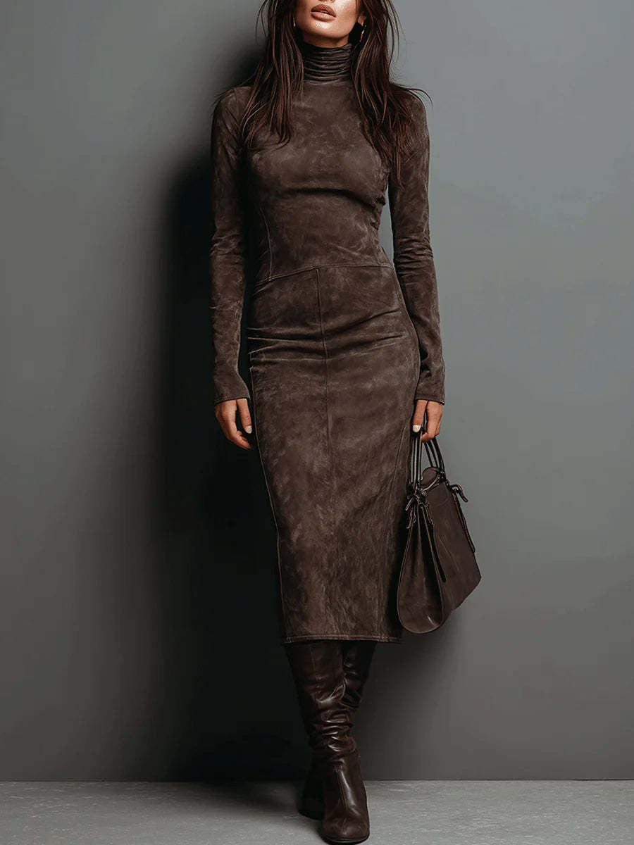 Faux Suede Midi Dress — Fitted Turtleneck Bodycon Silhouette with Long Sleeves