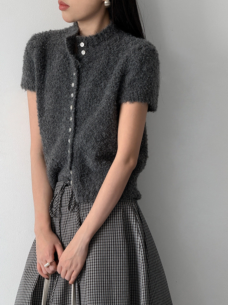 Dark gray short-sleeve plush button-up cardigan top with stand collar
