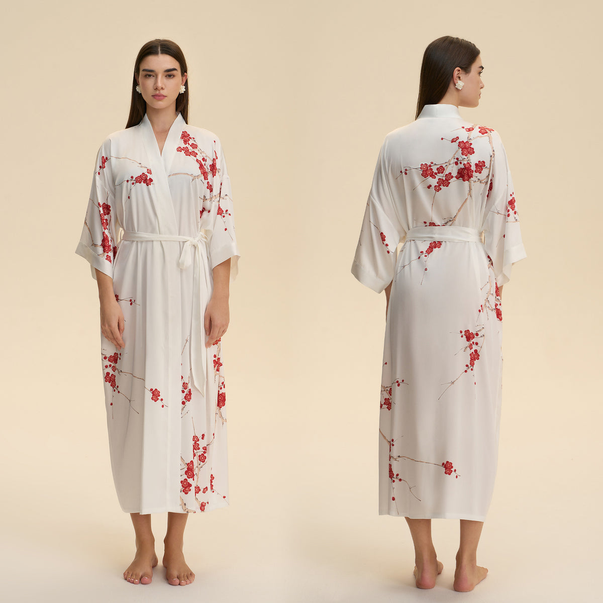 White satin robe with red floral print, V-neck, waist tie, elbow kimono sleeves