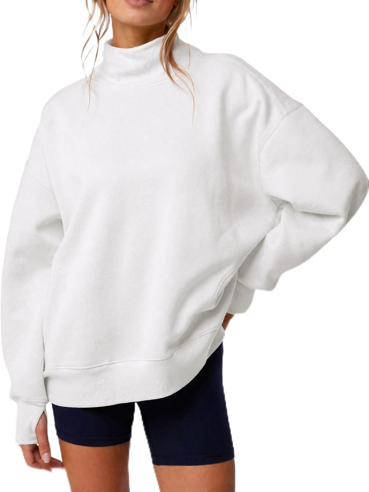 Women’s high-neck loose pullover sweatshirt, solid white
