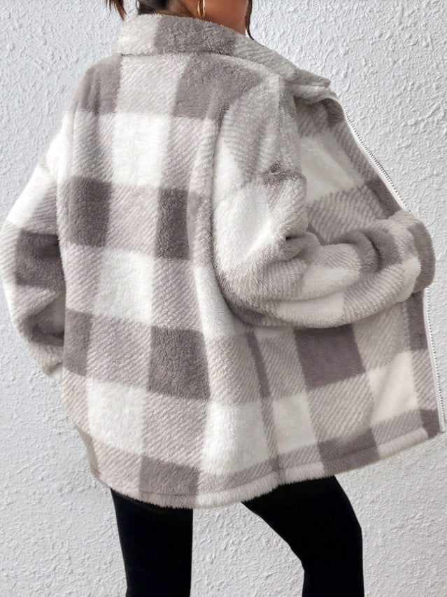 Plaid plush zip-up jacket in light gray and white, fuzzy check pattern, long sleeves