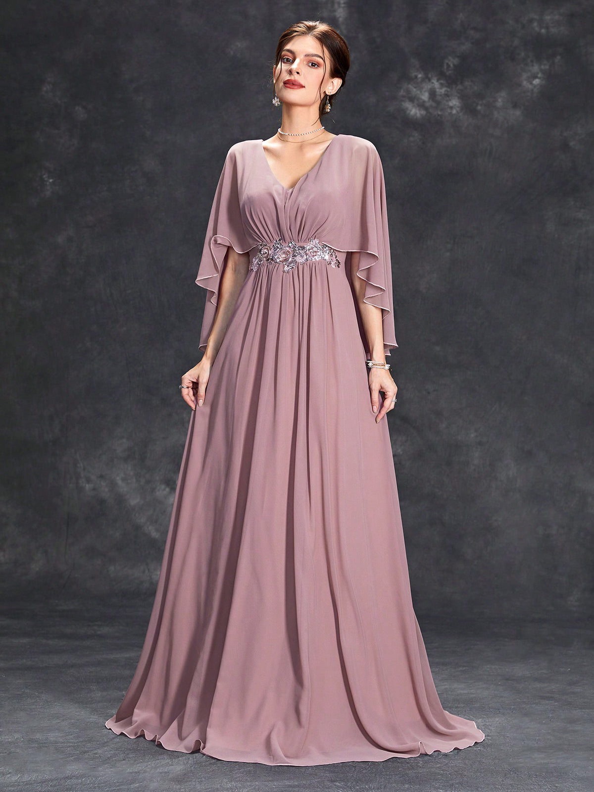 Mauve V-neck evening dress with cape sleeves and sequin-embellished waist