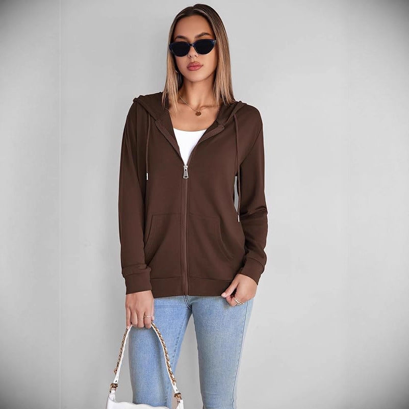 Brown zip-up hoodie with hood and front kangaroo pocket
