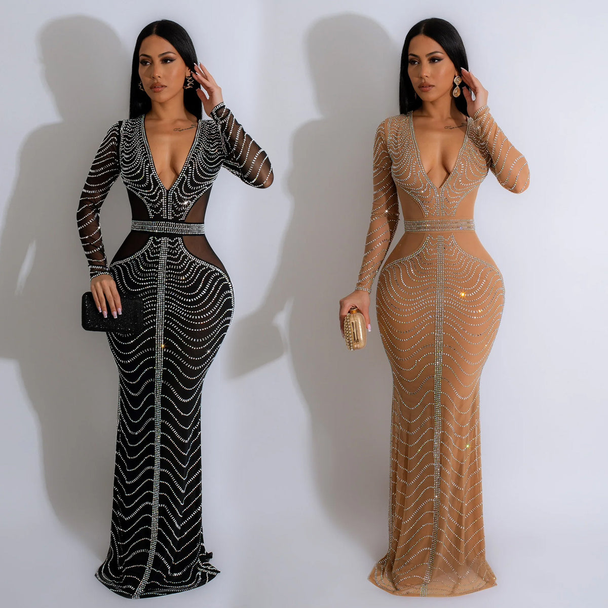 Black mesh rhinestone evening dress, long sleeves, deep V-neck, high-slim fit.
