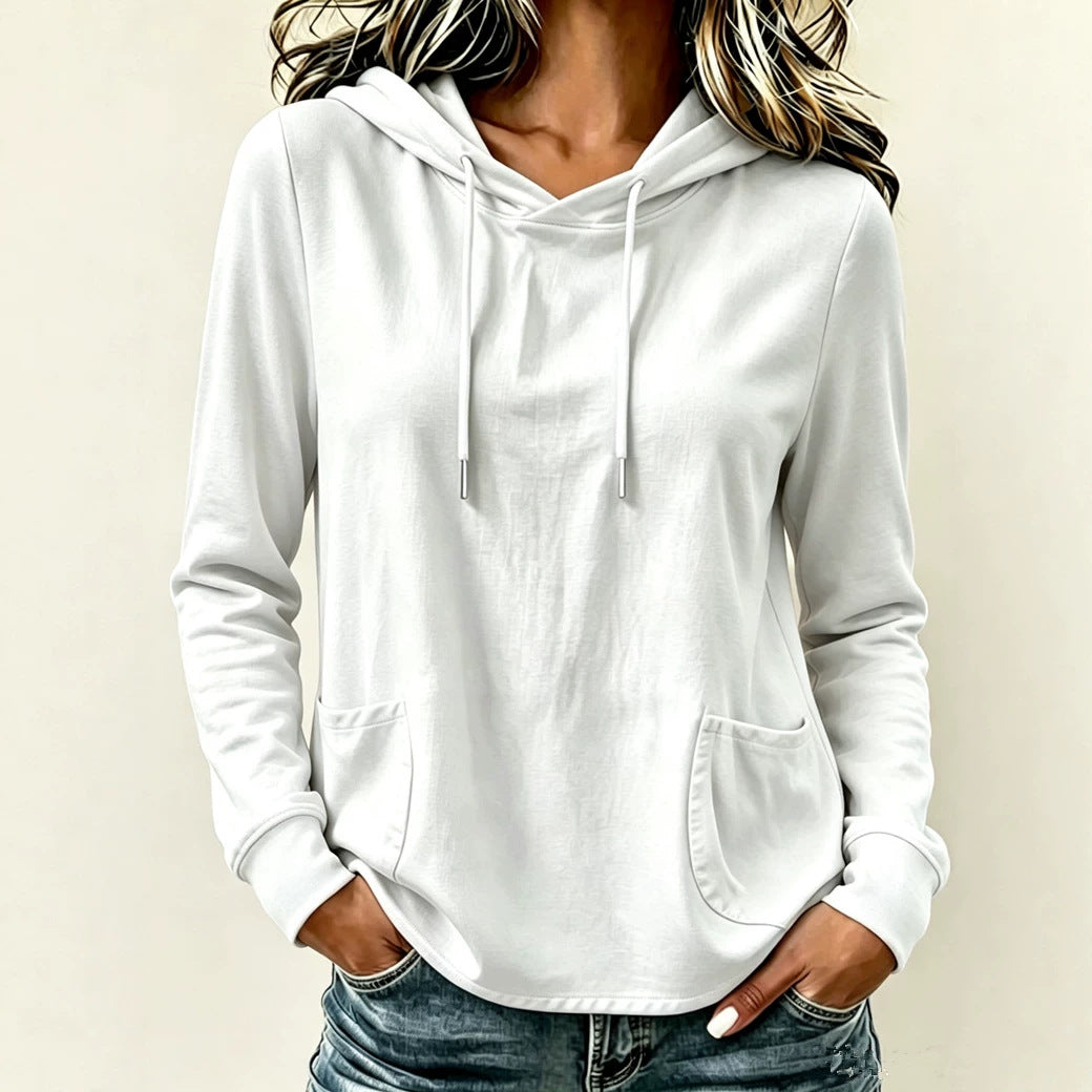 White women's long-sleeve hooded sweatshirt with drawstring and kangaroo pocket