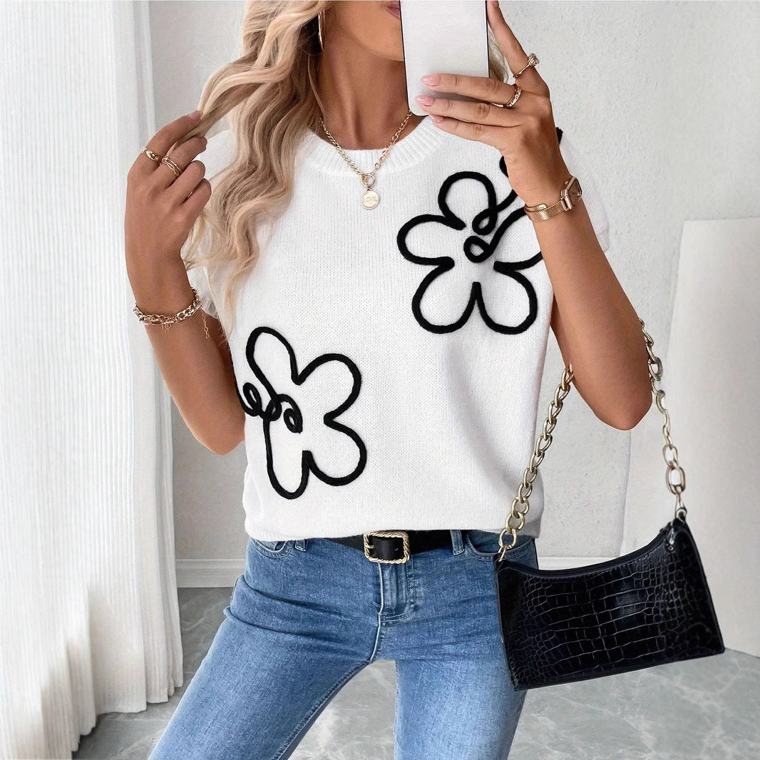 Floral Embroidered Knit Top for Women — Relaxed Cap Sleeve Sweater Style in Cotton