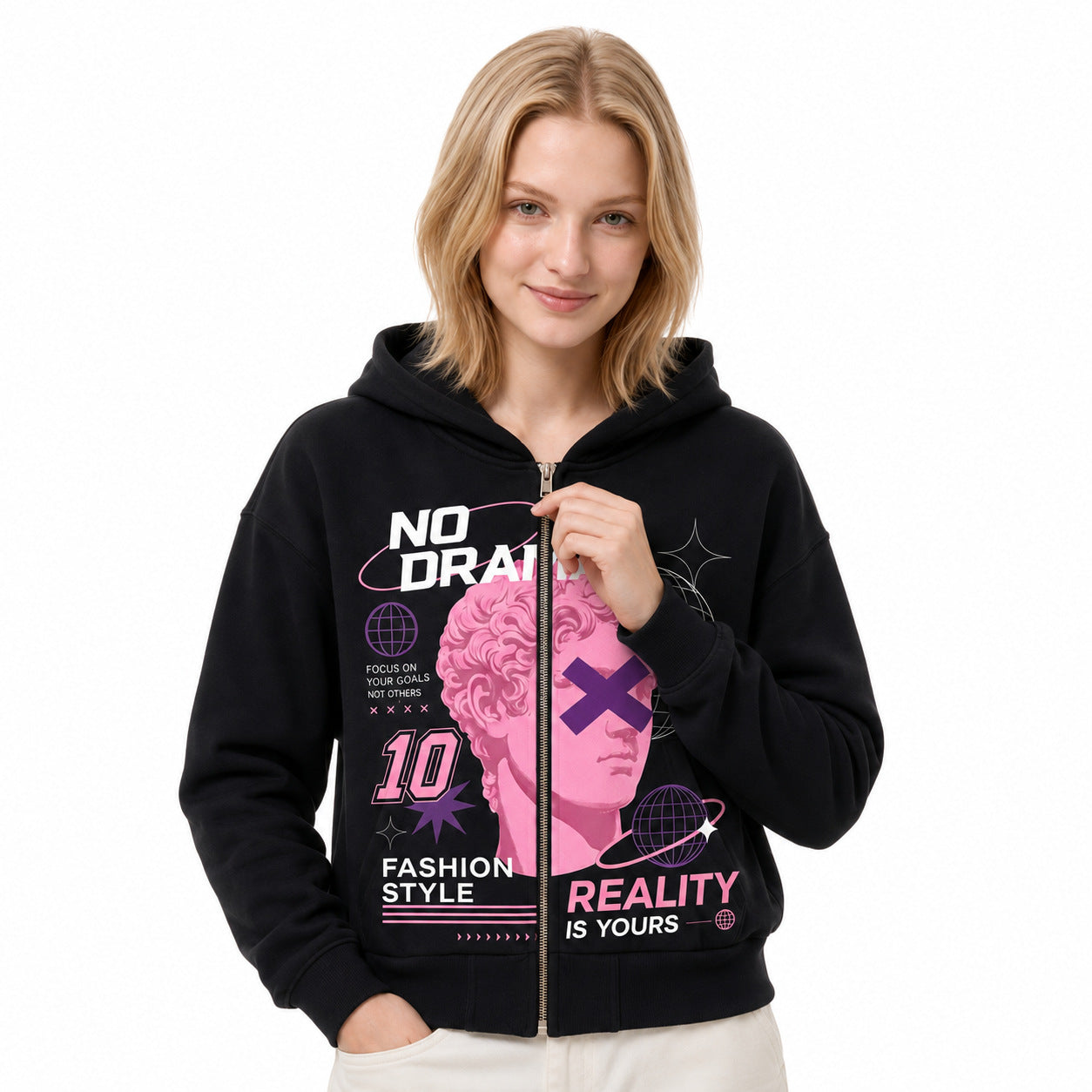 Cropped Zip Up Hoodie for Women — Graphic Streetwear Style in Cotton Fleece