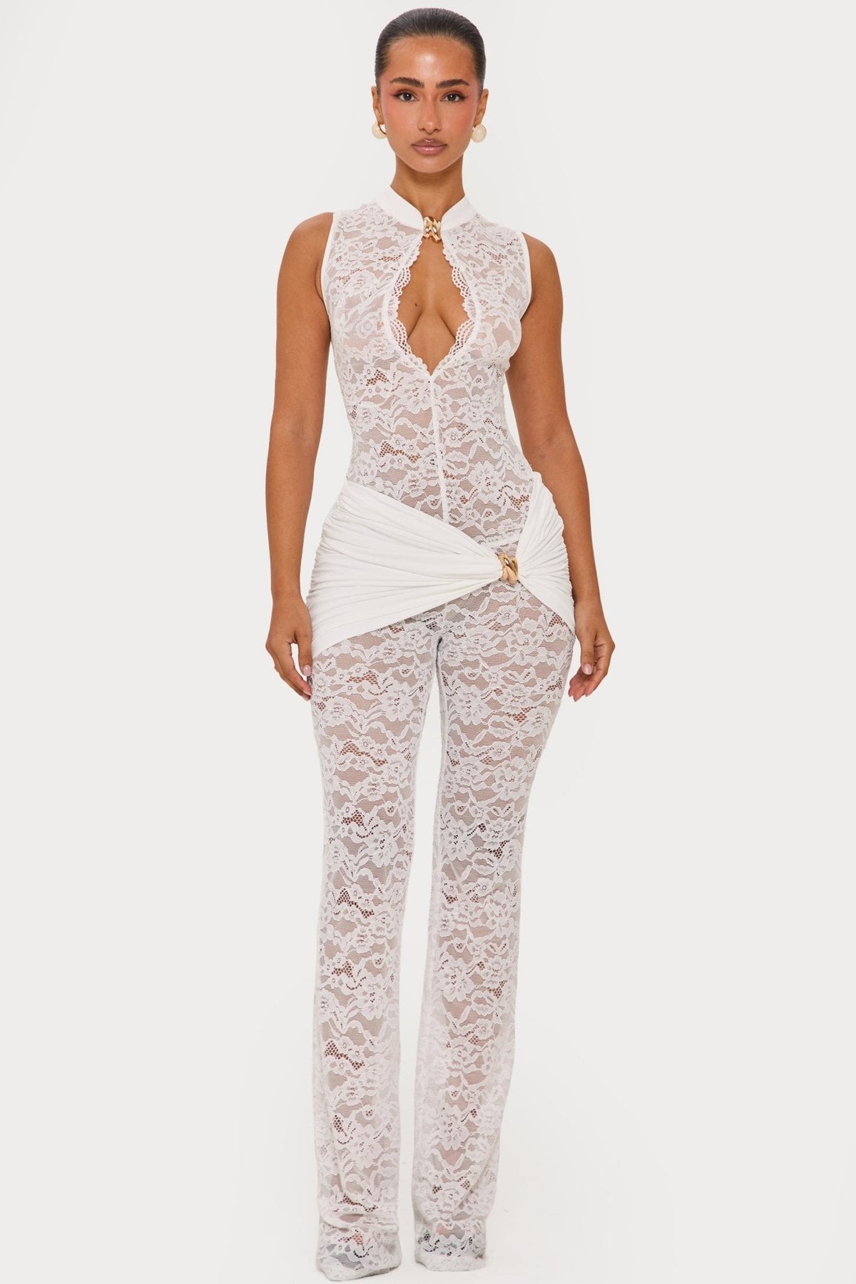 White lace long dress set, sleeveless high neck keyhole and long pants with lace.