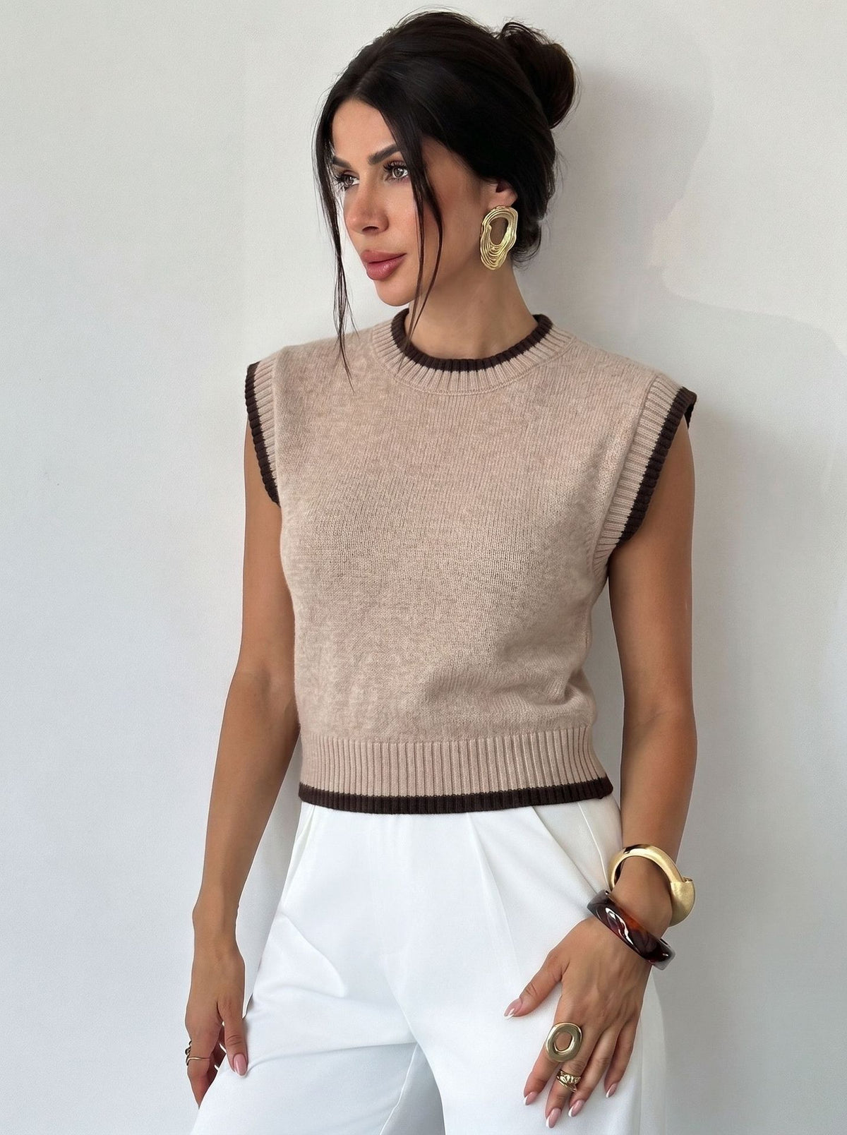 Sweater Vest for Women — Sleeveless Contrast Trim Knit Top in Soft Merino Wool