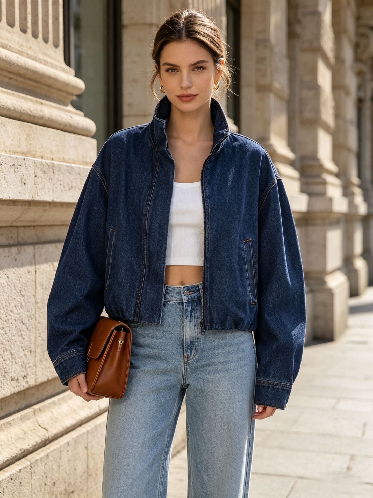 Cropped Denim Jacket for Women — Oversized Zip-Up Style with Elastic Hem