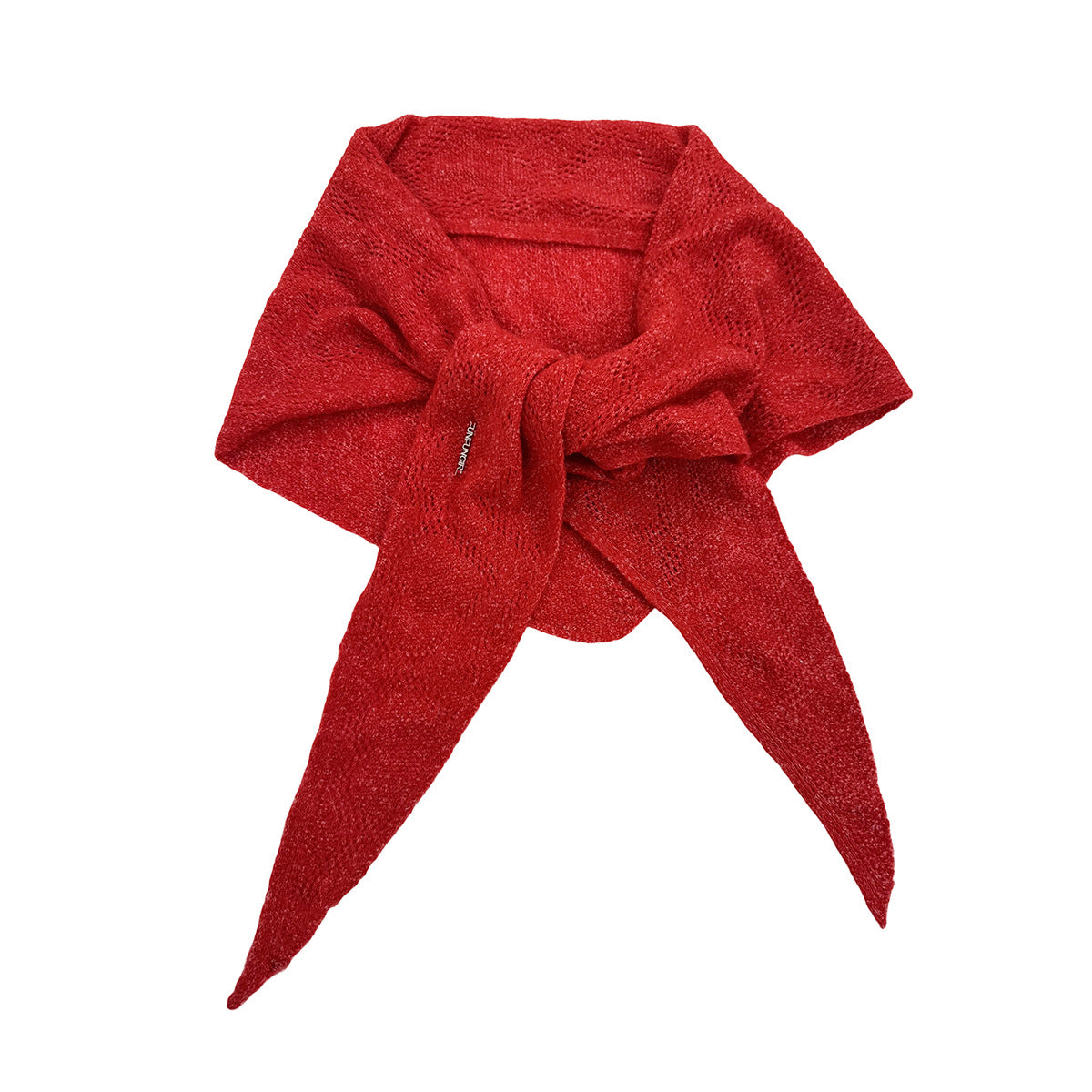 Red triangle knit scarf shawl with center tie and long pointed tails