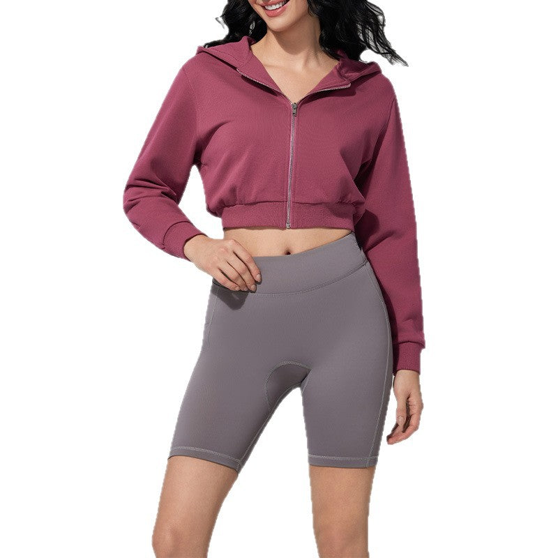 Women’s purple zip-front hooded crop sweatshirt jacket with drawstring hood