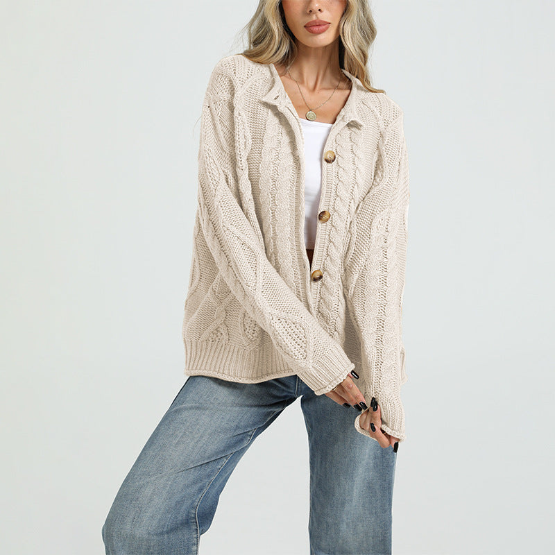 Women’s cable-knit button cardigan in cream, loose fit, long sleeves