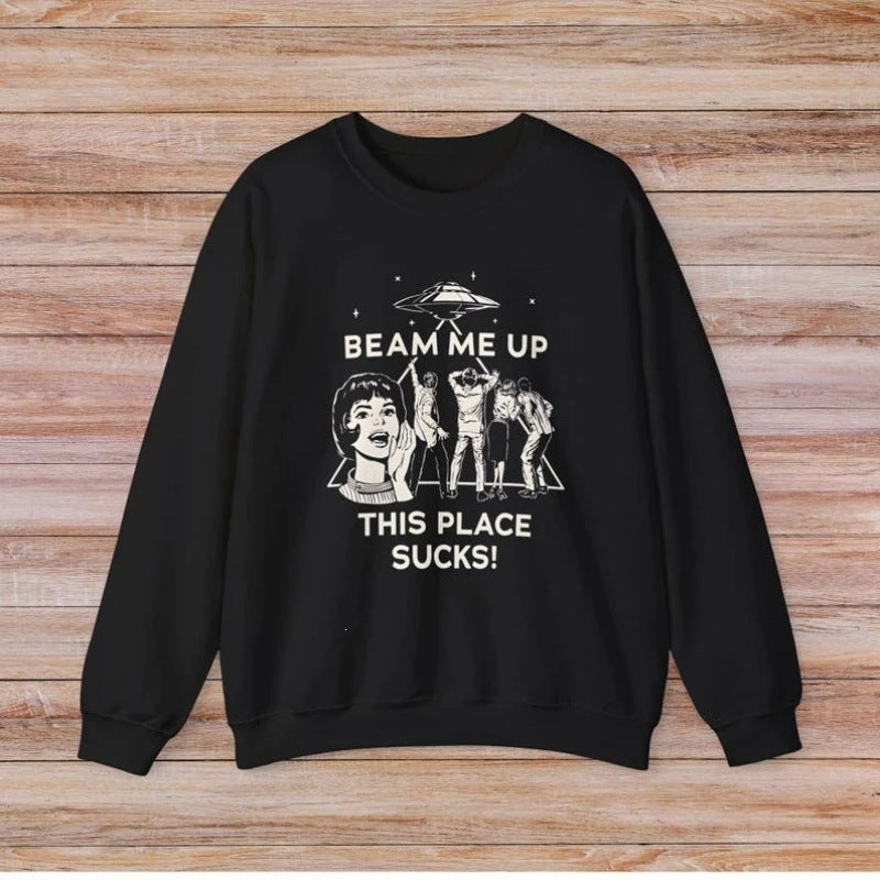 Graphic Sweatshirt for Women — Oversized Retro UFO Print Crew Neck in Cotton Fleece