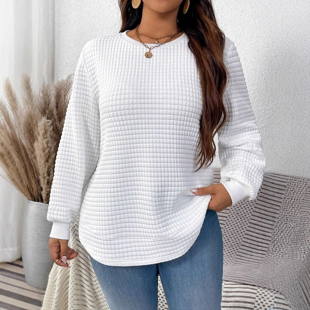 Women's white textured pullover sweatshirt, crew neck, long sleeves