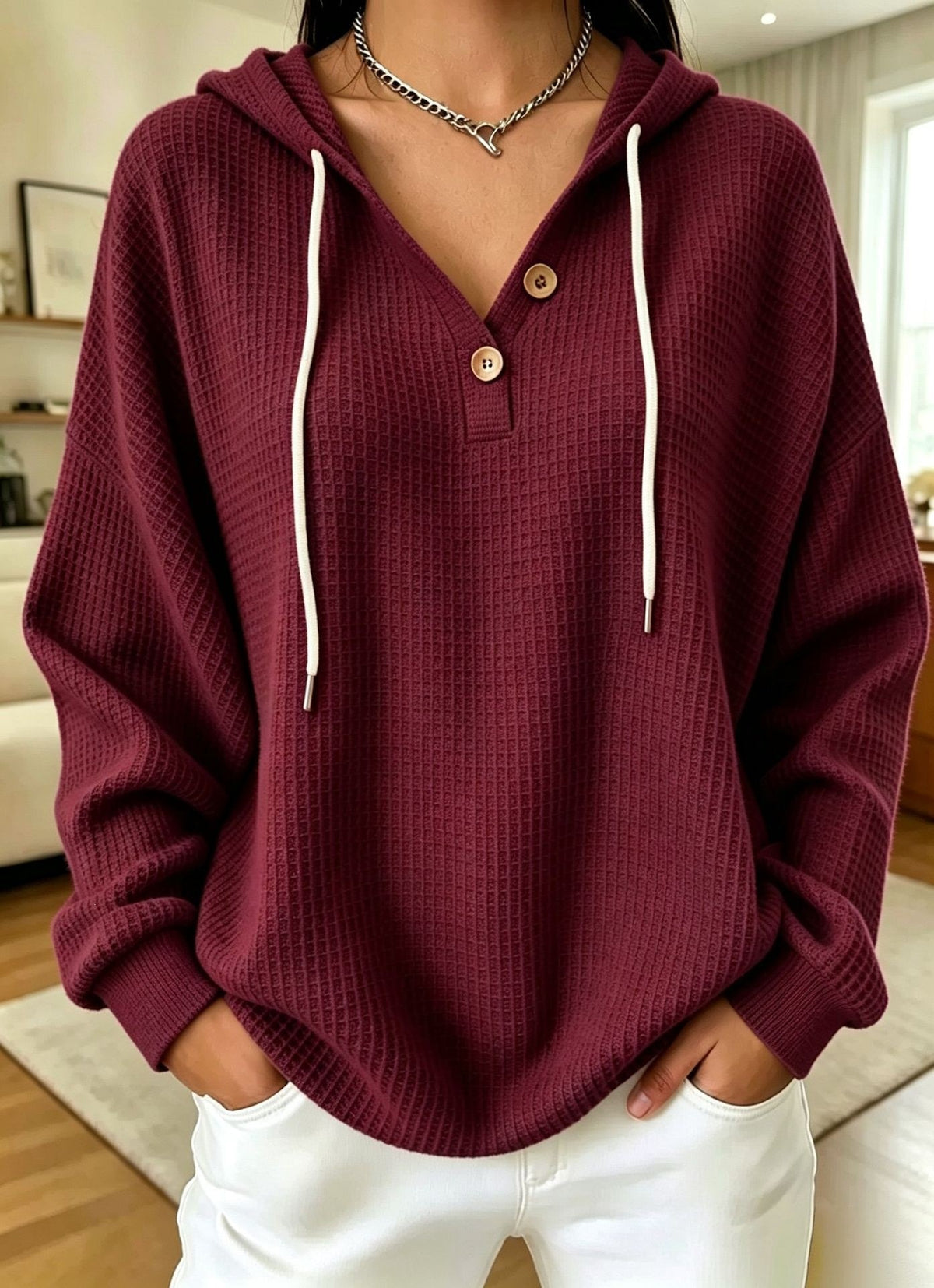 Women\u2019s waffle-knit drawstring hoodie with henley button placket, wine red hood and long sleeves