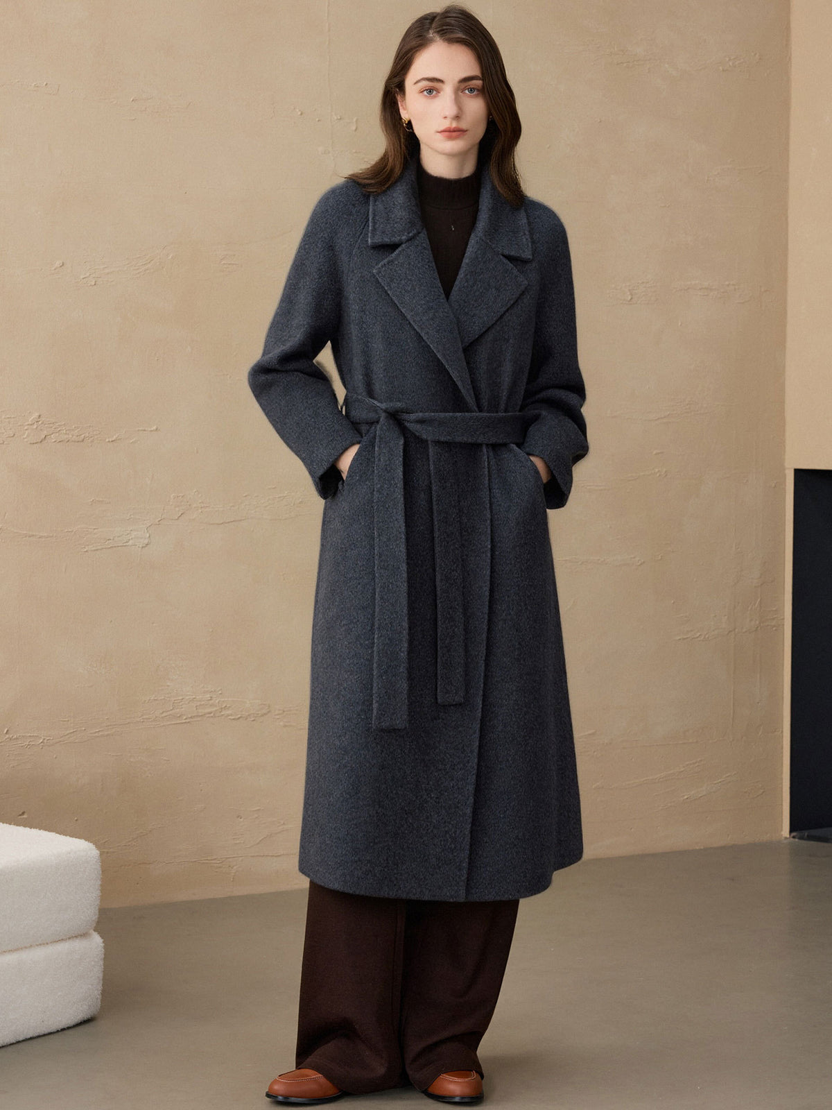 Long Wool Coat for Women — Double Faced Belted Wrap Style with Notch Lapel