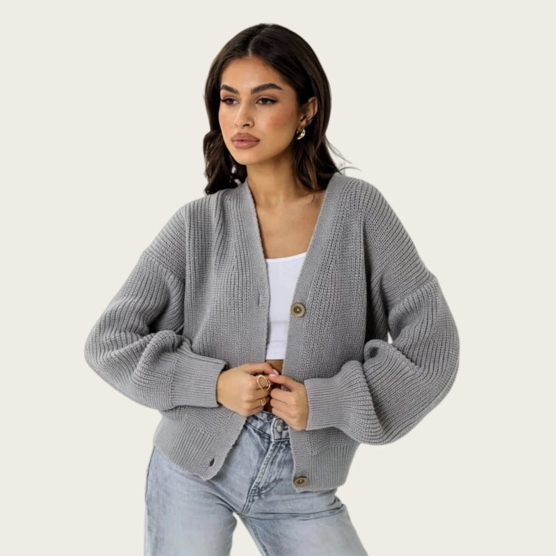 Cropped Cardigan for Women — Chunky Rib Knit with V Neck and Button Front