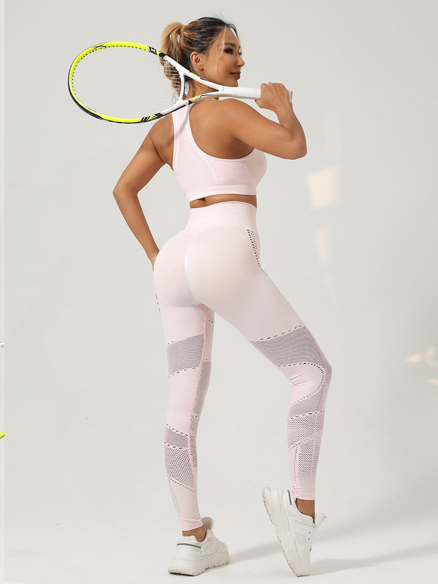 Seamless Workout Set for Women — Racerback Sports Bra and Mesh Panel Leggings in Nylon