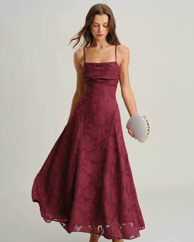 Floral Midi Dress with Spaghetti Straps — Elegant Burnout Style in Chiffon