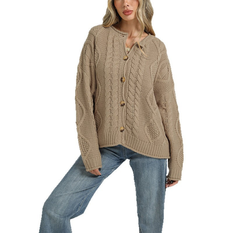 Women’s cable-knit button cardigan in tan, loose fit, long sleeves