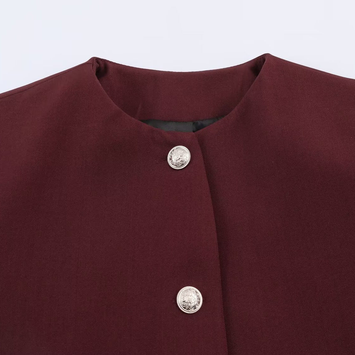 Cropped Blazer for Women — Collarless Button Front Jacket in Wool Blend