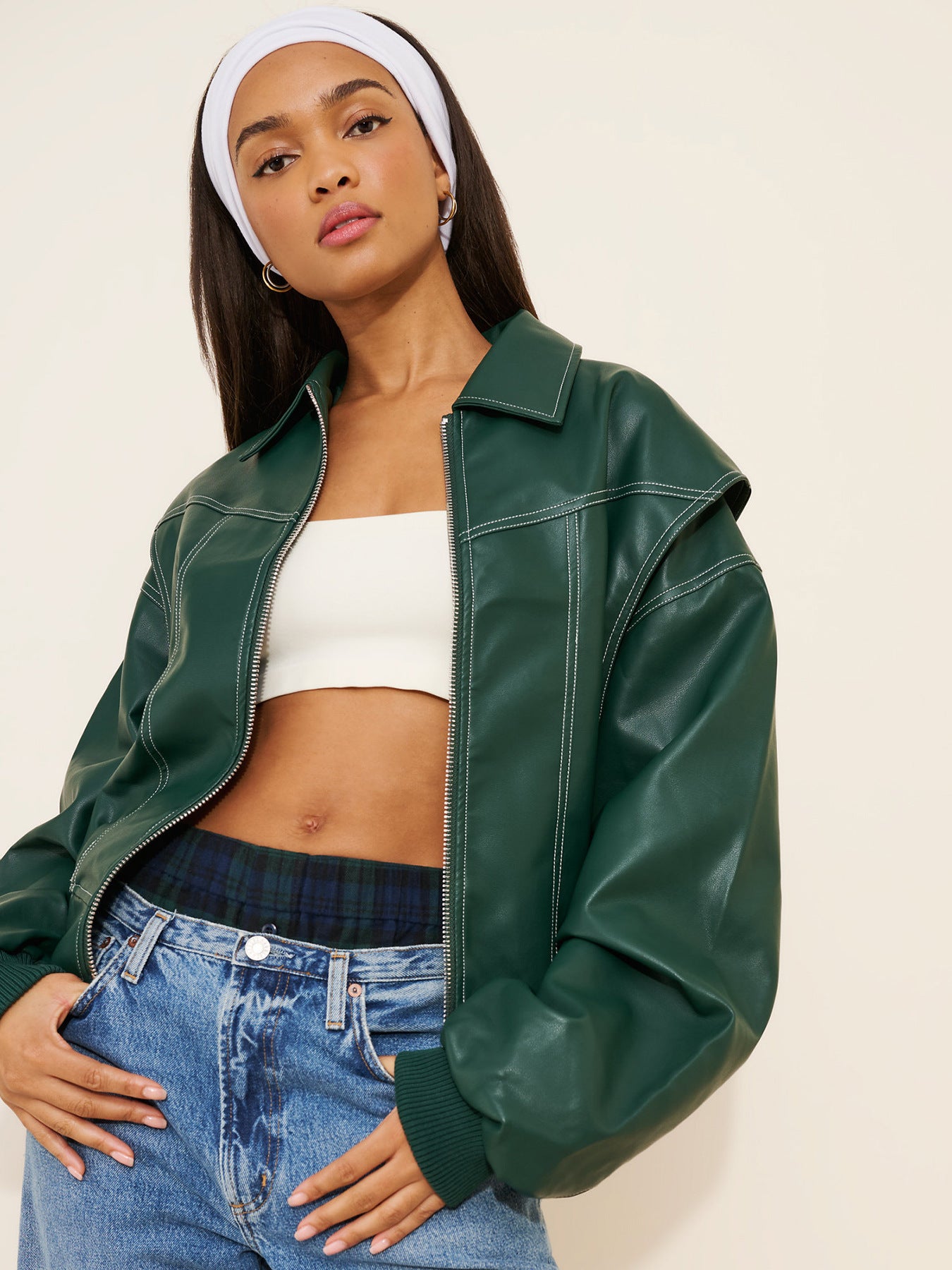 Green faux suede bomber jacket, oversized cropped fit, contrast topstitching, zip front
