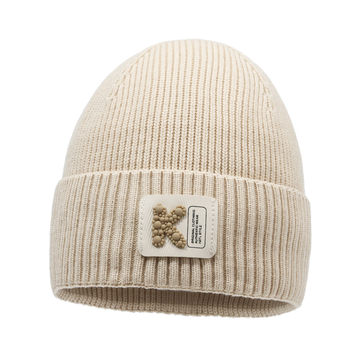 Khaki rib-knit beanie hat with pom-pom style patch on cuff