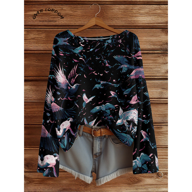 Dolman Sleeve Sweater for Women — Oversized Boat Neck Knit with Playful Animal Print