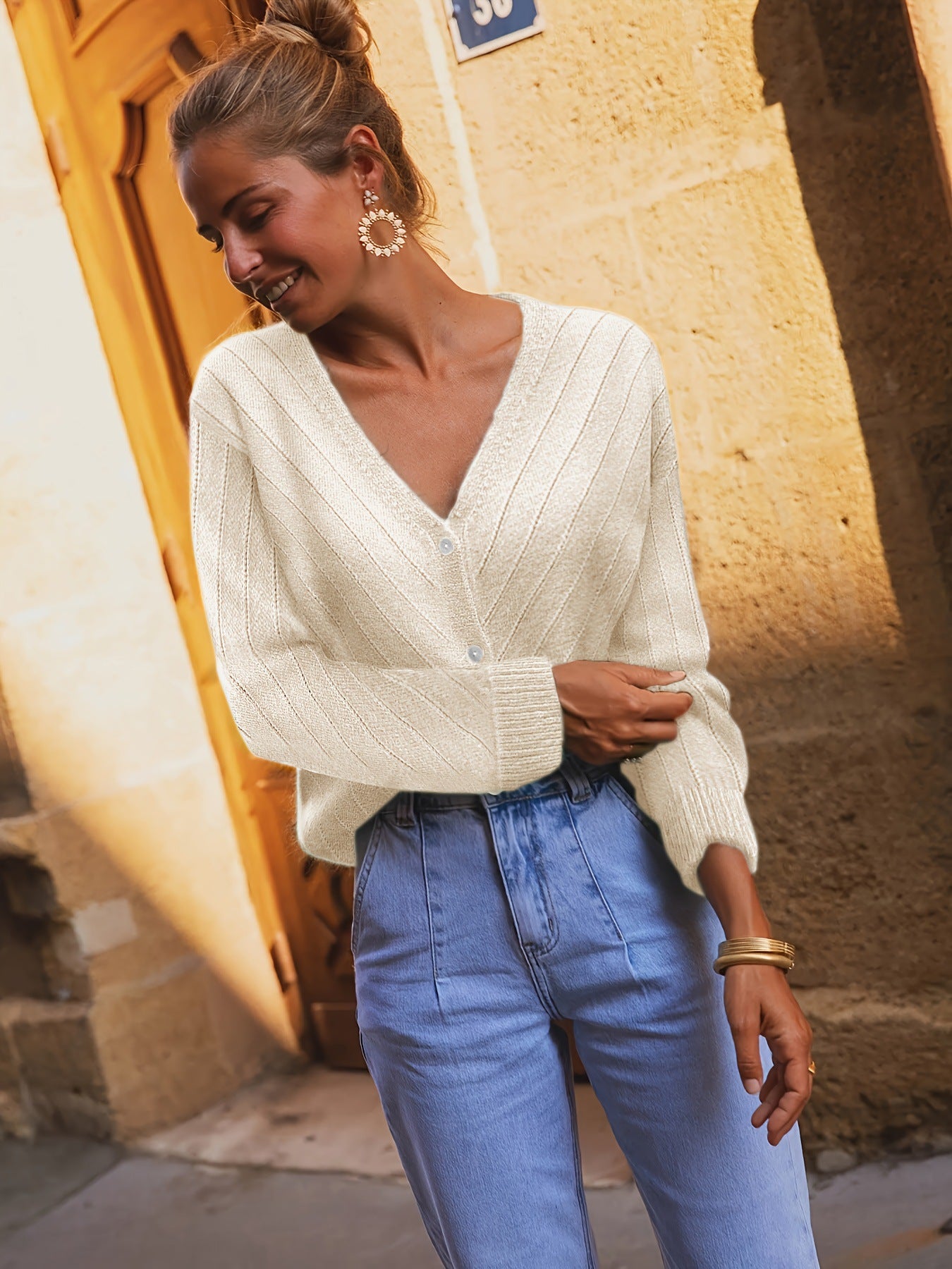 V Neck Cardigan for Women — Button Front Ribbed Knit with Relaxed Dolman Sleeves in Merino Wool