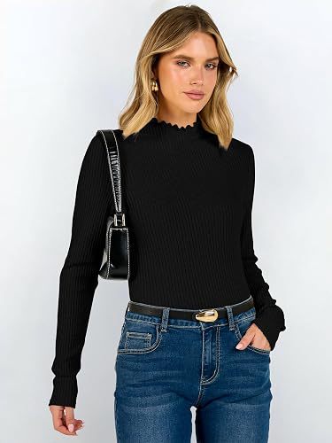Mock Neck Top for Women — Fitted Ribbed Long Sleeve Knit with Lettuce Trim in Viscose