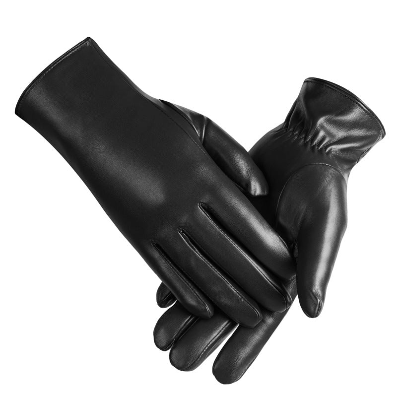 Black PU leather gloves with full hand coverage and smooth finger panels.
