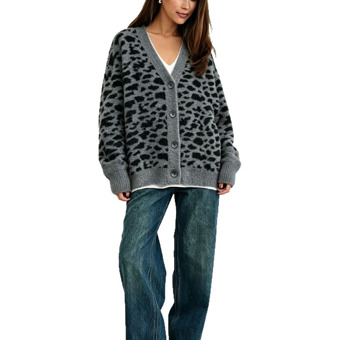 Women’s leopard print knitted cardigan with V-neck and button front, dark gray and black