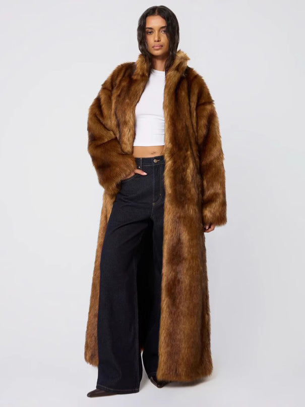 Dark brown faux fur long coat with hood, open front and waist belt