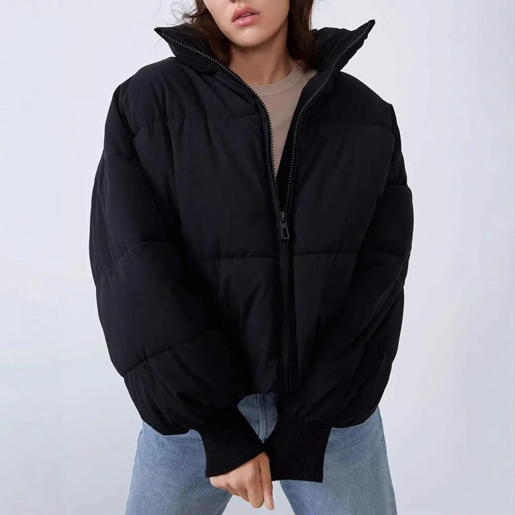 Women’s quilted cotton winter jacket, black, full-zip hoodless design, ribbed hem