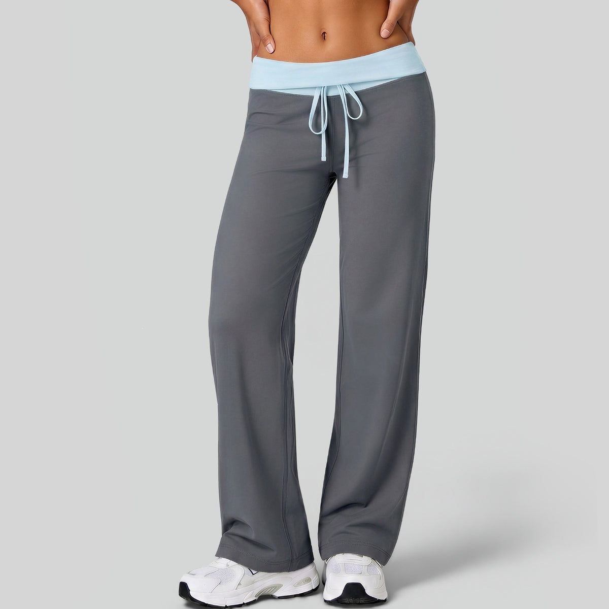 Women's loose drawstring straight pants, gray with light blue waistband, wide leg