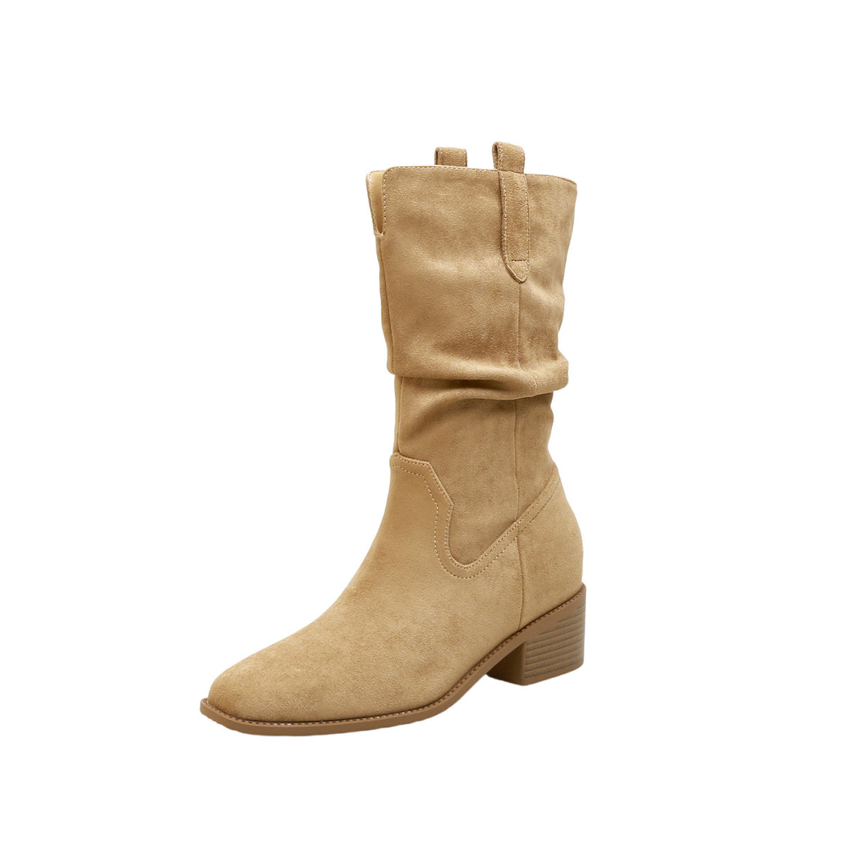 Women’s tan suede-look ankle boots, pleated shaft, chunky block heel, pull-on