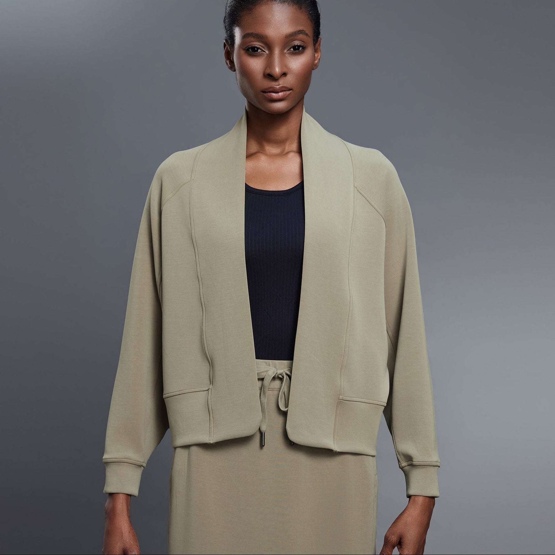 Women’s khaki cropped cardigan with shawl collar, open front and side pockets