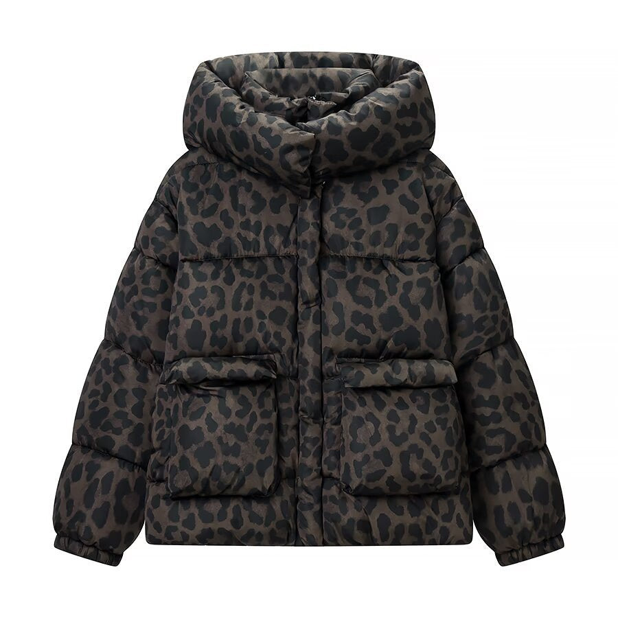 Leopard print hooded puffer jacket with padded quilted body and relaxed fit