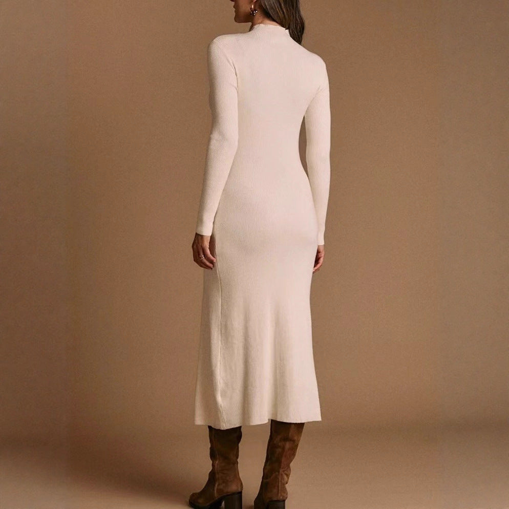 Ribbed Knit Midi Dress with Button Side Slit — Elegant Mock Neck Sweater Style