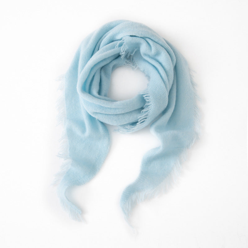 Sky blue cashmere triangle scarf with light fringe