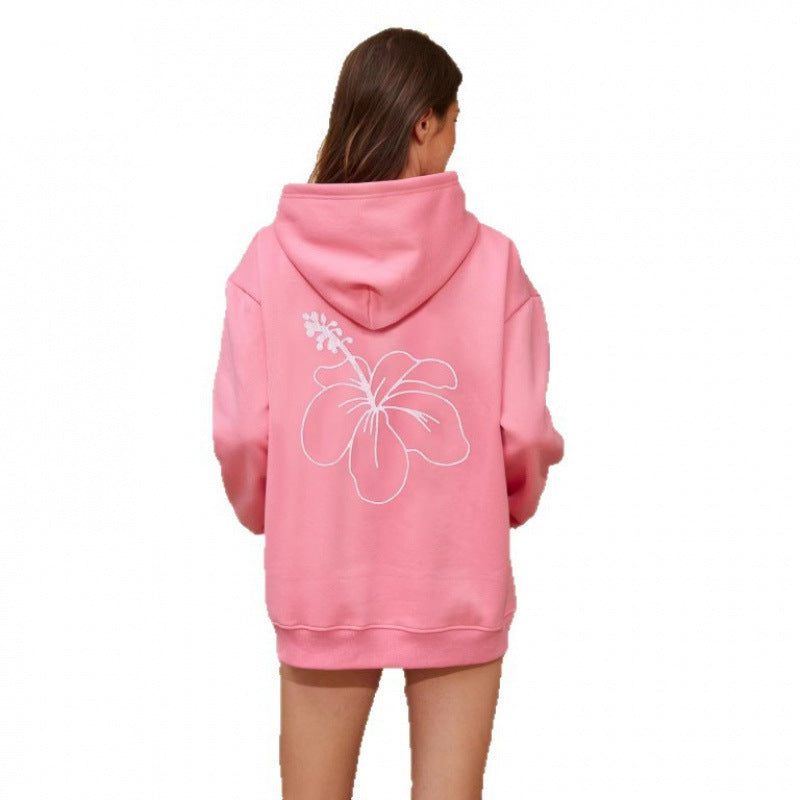 Hibiscus Print Hoodie for Women — Oversized Beach Pullover in Cotton Fleece